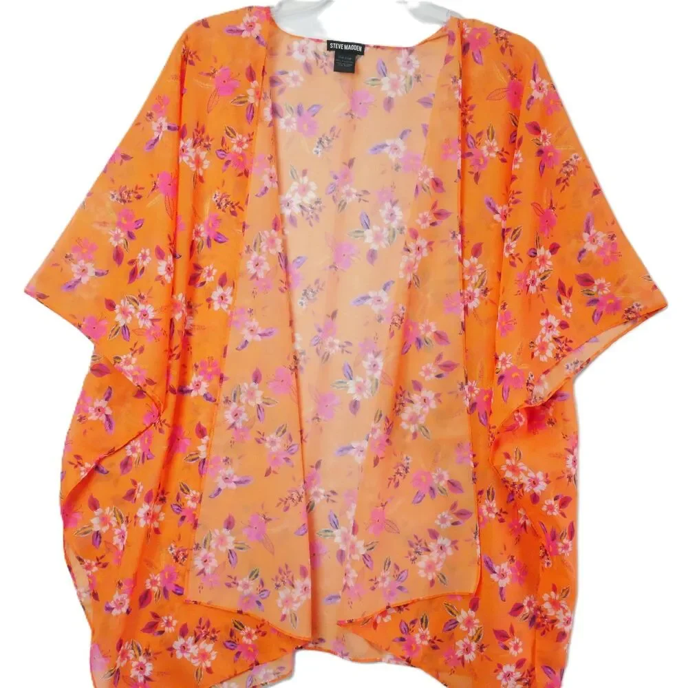 Steve Madden Womens One Size Orange Pink Ruana Coverup Open Front Kimono